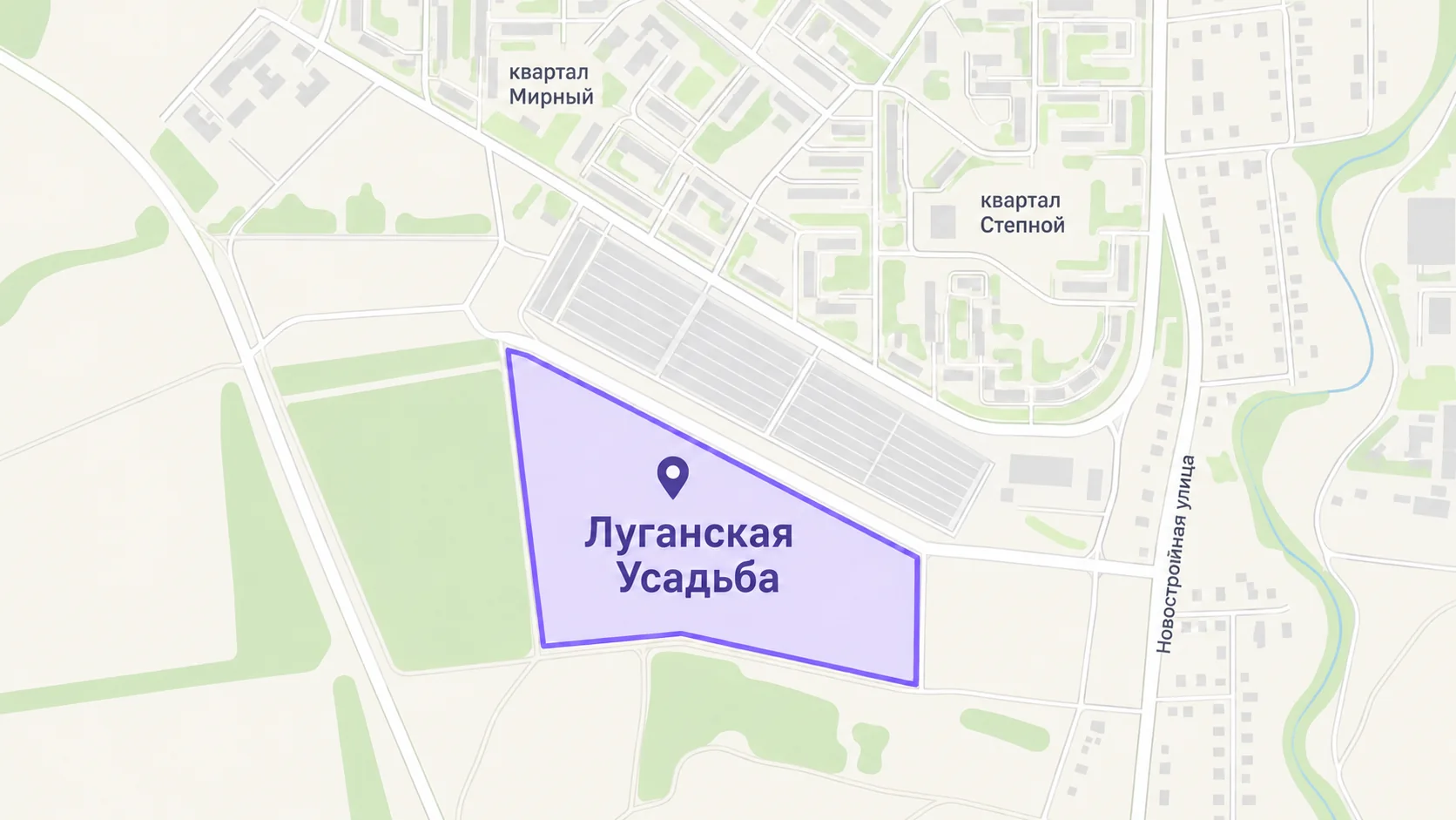Схема: Луганская Усадьба южнее квартала Мирный, рядом с Новостройной улицей